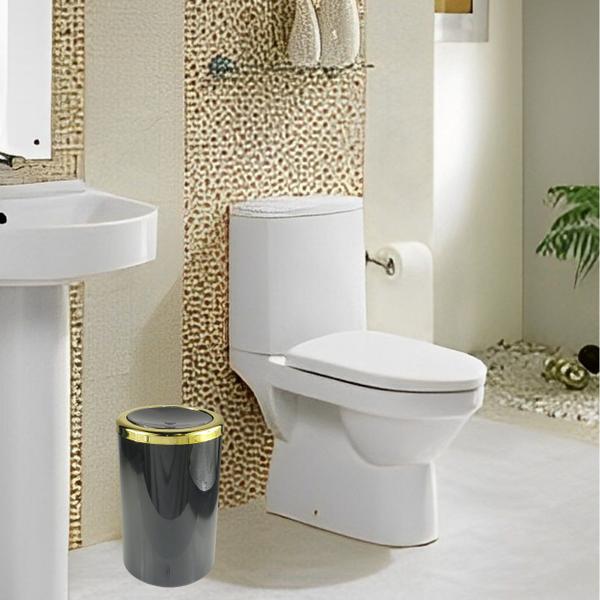 Imagem de Lixeira Basculante 8 Litros Redonda Cozinha Banheiro Preto Dourado - AMZ
