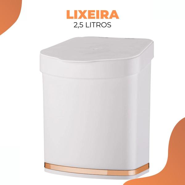 Imagem de Lixeira Basculante Escritório 2,5 Litros Cozinha Banheiro Lavabo Pia Com Tampa Branco Rose Gold Future