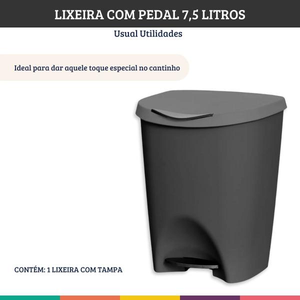 Imagem de Lixeira C/ Pedal 7,5 Litros Preto Escritório Cozinha Quarto