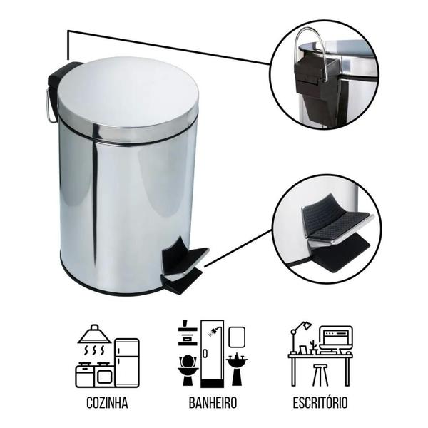 Imagem de Lixeira Cesto De Lixo 3 Litros Pedal Emborrachado 100% Aço Inox Removível Balde Interno Banheiro E Cozinha
