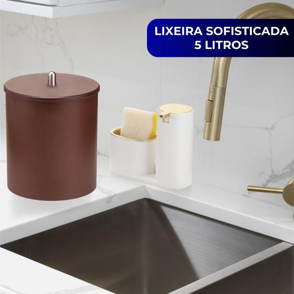 Imagem de Lixeira Cesto de Lixo Multiuso Banheiro Escritório Cozinha Pia com Tampa 5 Litros Marrom Redonda Arthi