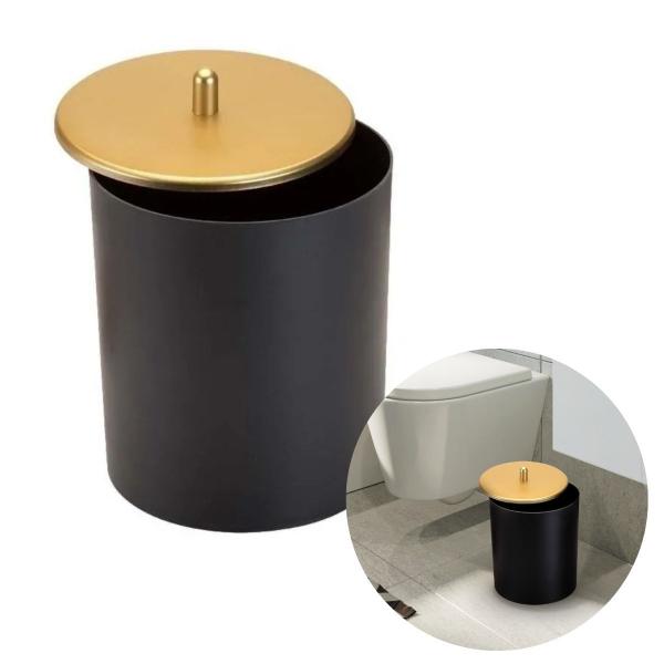 Imagem de Lixeira Cesto de Lixo Preto Com Tampa Dourado Fosco 5  Litros Para Banheiro Lavabo Cozinha