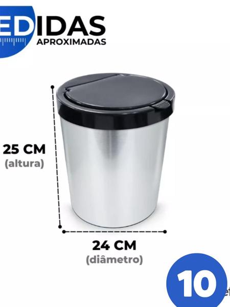 Imagem de Lixeira Cesto Tipo Inox Com Tampa Click 10 Litros Prata Luxo Banheiro Cozinha Quarto Escritório