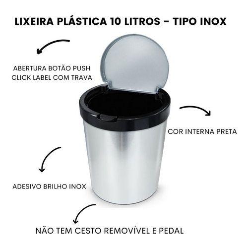 Imagem de Lixeira Cesto Tipo Inox Com Tampa Click 10 Litros Prata Luxo Banheiro Cozinha Quarto Escritório