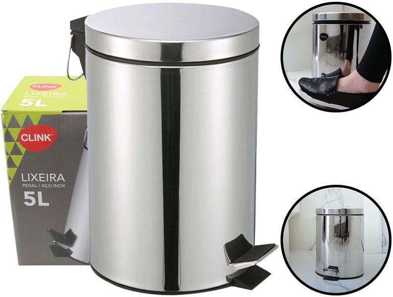 Imagem de Lixeira Com Pedal 5 Litros Inox Banheiro Cozinha Escritório Tampa Automática Com Cesto Removível Aço Inoxidável