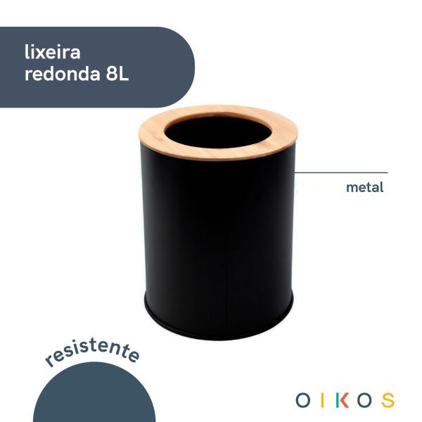 Imagem de lixeira com tampa redonda 8L de metal bambu - oikos