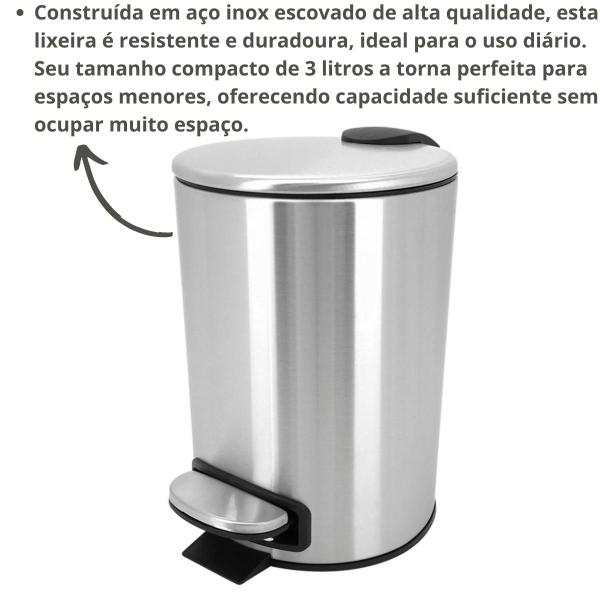 Imagem de Lixeira De Aço Inox Escovado Redonda 3 Litros Casa Banheiro Lixo