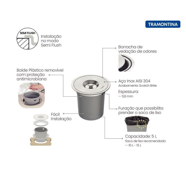 Imagem de Lixeira de Embutir Tramontina Em Aço Inox - 5 Litros