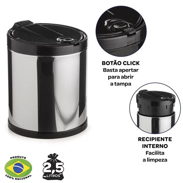 Imagem de Lixeira de Pia Cesto de Lixo 2,5 litros Inox Click Cozinha Preta com Tampa Viel