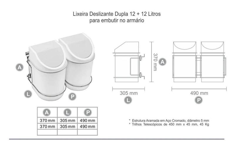 Imagem de Lixeira Dupla Deslizante Preta 12L De Embutir No Armário