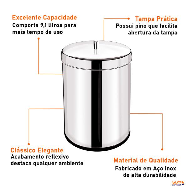 Imagem de Lixeira em Aço Inox 9,1 Litros com Tampa Pino - Wp Connect