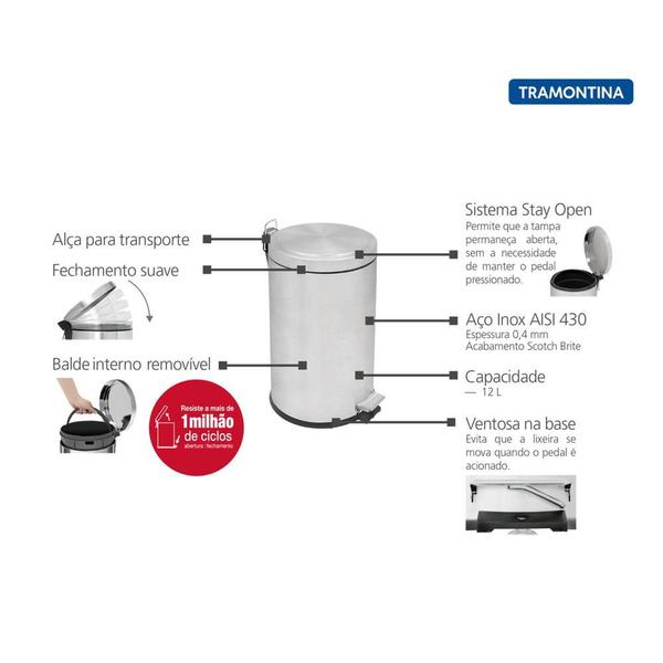 Imagem de Lixeira Inox com Pedal Tramontina Brasil Plus 12 L