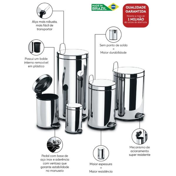 Imagem de Lixeira Inox Polido com Pedal 30L Linha Decorline Brinox