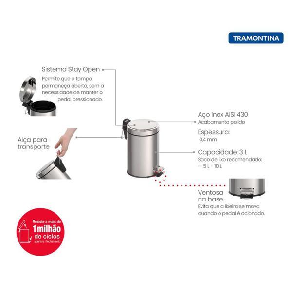 Imagem de Lixeira inox tramontina brasil 3l com pedal e balde interno 94538103