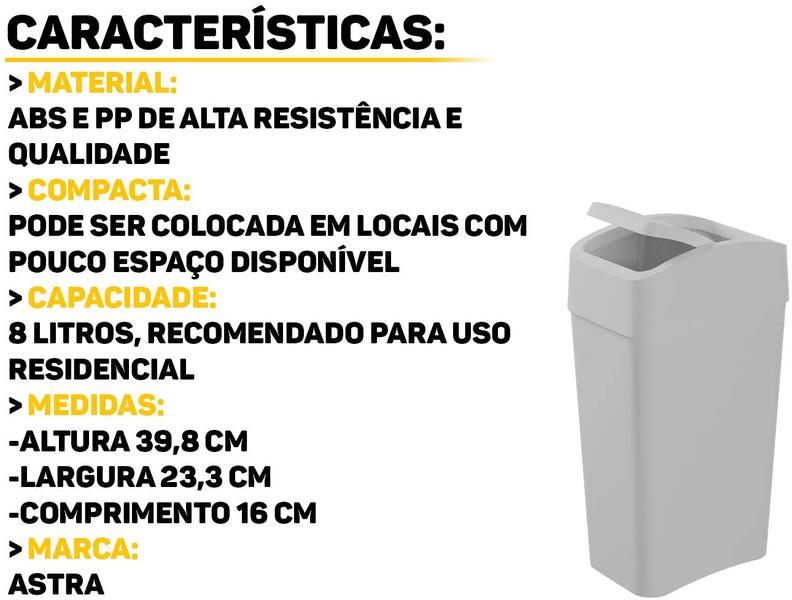 Imagem de Lixeira Plástica Com Tampa Basculante Lavabo Cozinha Escritório Multiuso Cesto De Lixo 8 Litros 