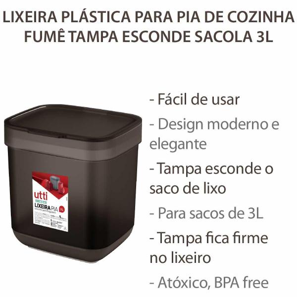 Imagem de Lixeira Plástica Para Pia De Cozinha Tampa Esconde Sacola 3L