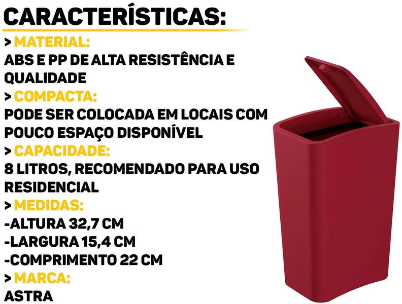 Lixeira Plástica Retangular Cesto De Lixo Com Tampa Click Lavabo Escritório Cozinha 8 Litros Astra Imagem de Lixeira Plástica Retangular Cesto De Lixo Com Tampa Click Lavabo Escritório Cozinha 8 Litros Astra