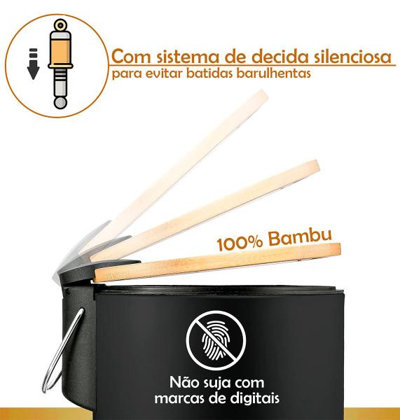 Imagem de Lixeira Preta Multiuso 12 Litros com Tampa de Bambu Pedal P/ Cozinha, Banheiro, Escritório Lixeira Cesto Lixo cesto Interno Removivel Lixeira