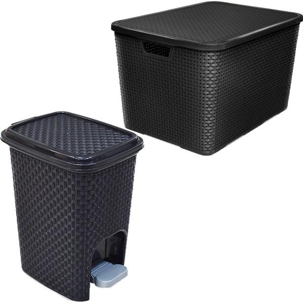 Imagem de Lixeira Rattan C/Pedal Cozinha 7L + Caixa Rattan 40L Preta