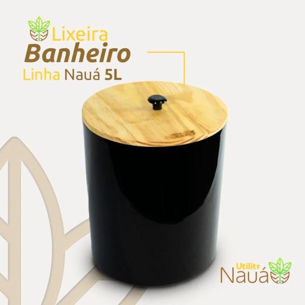 Imagem de Lixeira Redonda 5L Tampa Bambu Utility Banheiro Cozinha Escritório Decoração Casa 