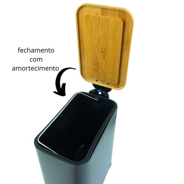 Imagem de Lixeira Retangular Com Pedal 5l Cinza Metal E Bambu Banheiro Paramount