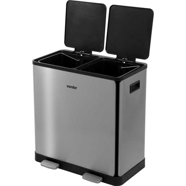 Lixeira Retangular Dupla 30 Litros Inox Cinza Vonder Imagem de Lixeira Retangular Dupla 30 Litros Inox Cinza Vonder