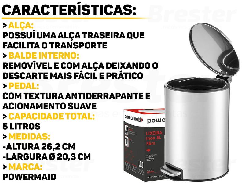 Imagem de Lixeira Slim Aço Inox 5 Litros Com Cesto Removível E Alça Para Escritório Cozinha Banheiro