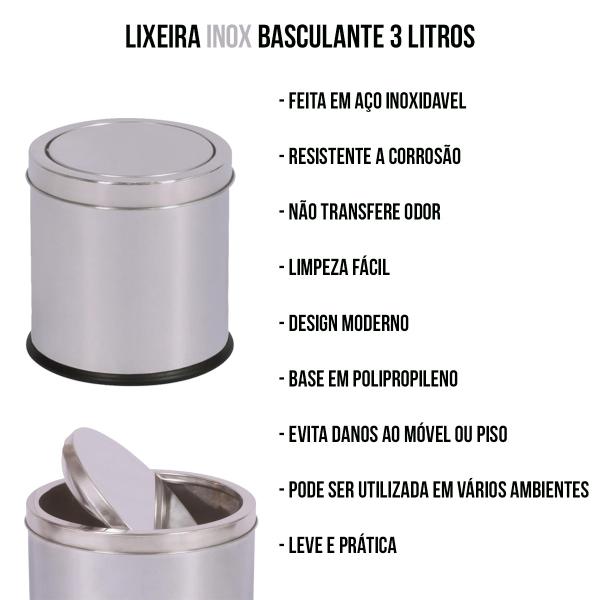 Imagem de Lixeira Tampa Basculante Banheiro Cozinha 3l Aço Inox Mor