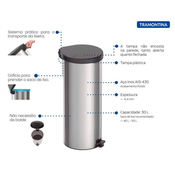 Imagem de Lixeira Tramontina Inox C/Pedal New 30L. - 94538/730