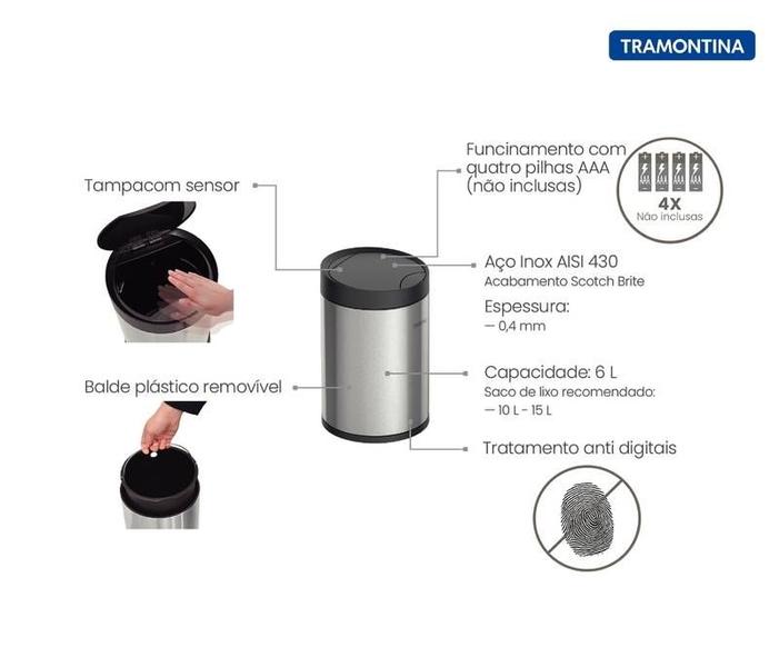 Imagem de Lixeira tramontina smart automática com sensor em aço inox com acabamento scotch brite 6 l