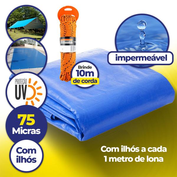 Imagem de Lona Azul 12x10 Metros Impermeável Piscina Camping Cobertura Caminhão 75G Multiuso + Corda 10 Metros