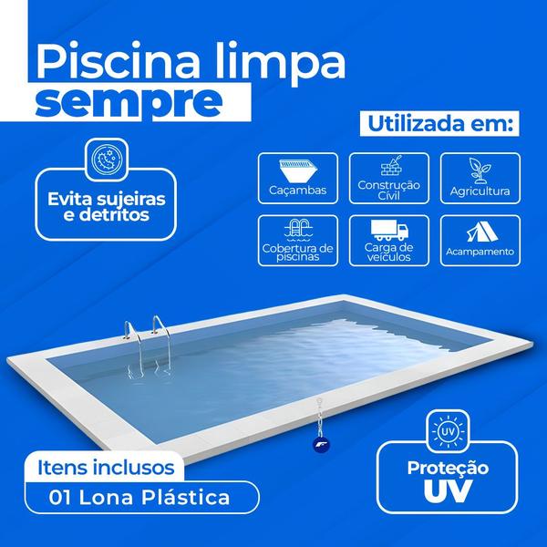 Imagem de Lona Azul Carreteiro Caminhão Cobertura Piscina Impermeável 6x6 Metros 105 Micras + Corda