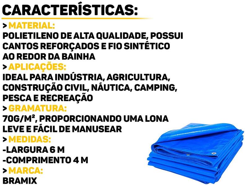 Imagem de Lona Plástica Cobertura Proteção Impermeável Reforçada Indústria Camping Pesca 6 x 4 Metros