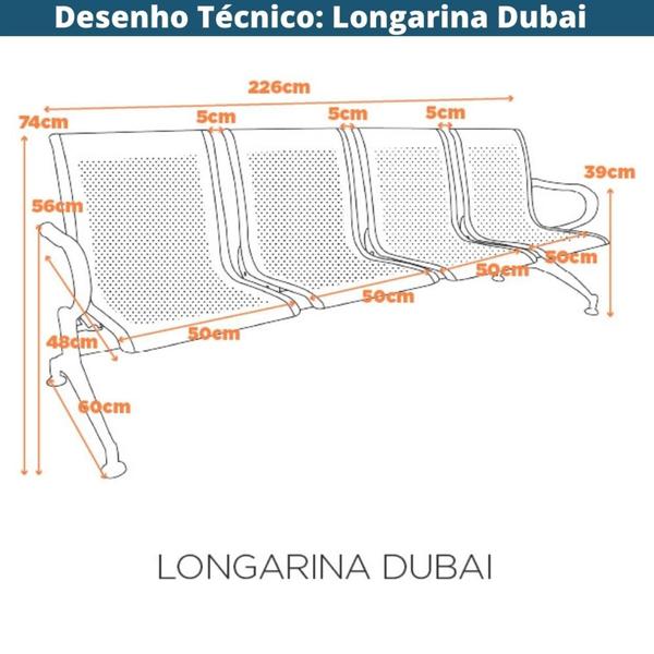 Imagem de Longarina 4 Lugares NR-17 Dubai Fratini 226 cm (larg) Aço Carbono, Cromado e Pintura Cinza c/ Braços