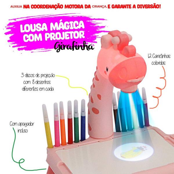 Imagem de Lousa Mágica Girafa Rosa Desenhar na Mesinha com Projetor Didático e Apagador para Criar 24 Desenhos Diferentes