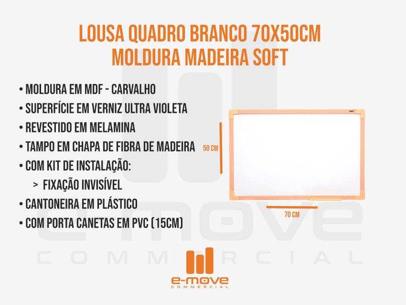 Imagem de Lousa Quadro Branco 70x50cm Moldura Madeira Soft