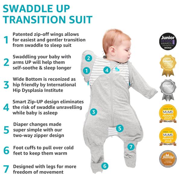 Imagem de Love To Dream Swaddle UP Transition Suit 1.0 TOG, Gray, Large, 19-24 lbs, Patented Zip-Off Wings and Unique Self-Soothing Sleeves, Safely Transition from Swaddled to Arms-Free Before Rolling Over