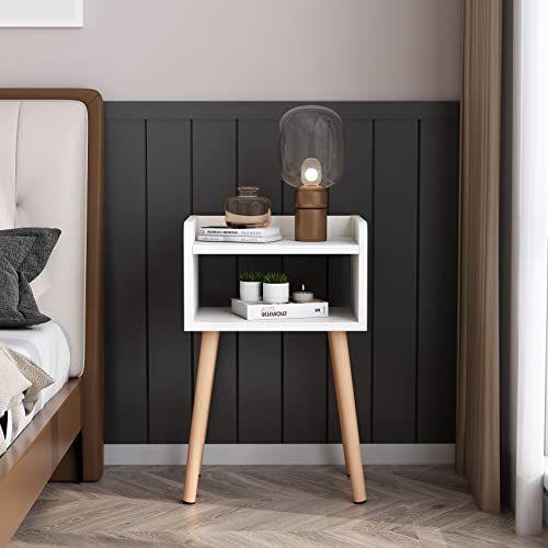 Imagem de LUCKNOCK Nightstand, Mesa de cabeceira moderna do meio do século com pernas de madeira maciça, mesa lateral adorável e prática com prateleira de armazenamento aberto, móveis de quarto de moda branco.