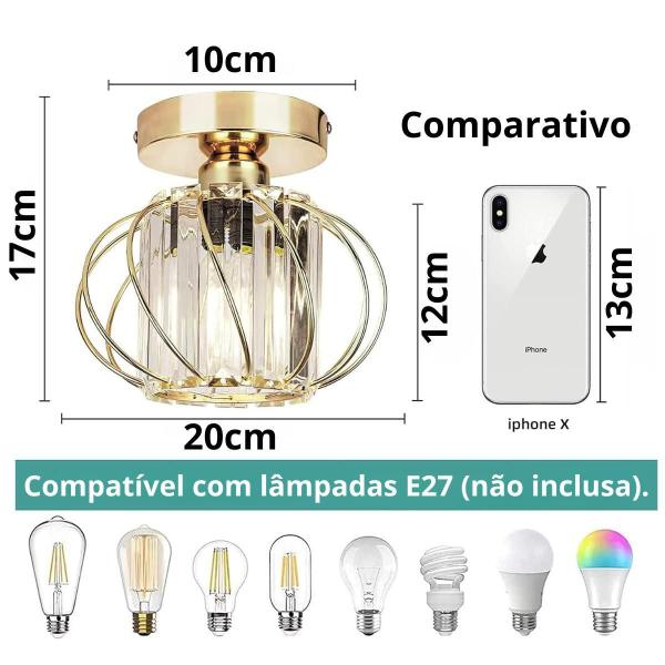 Imagem de Luminária 20Cm Metal Dourado 12 Cristais Lustre Plafon Teto