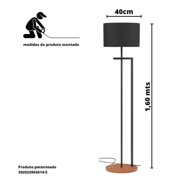 Imagem de luminaria abajur de chão base mdf pes de ferro preto cupula Preto bivolt