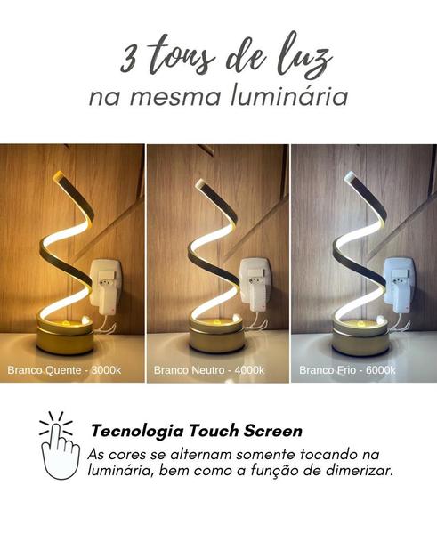 Imagem de Luminária Abajur de Mesa 12w Espiral Minimalista Touch Dimerizável Dourado Luz 3/1