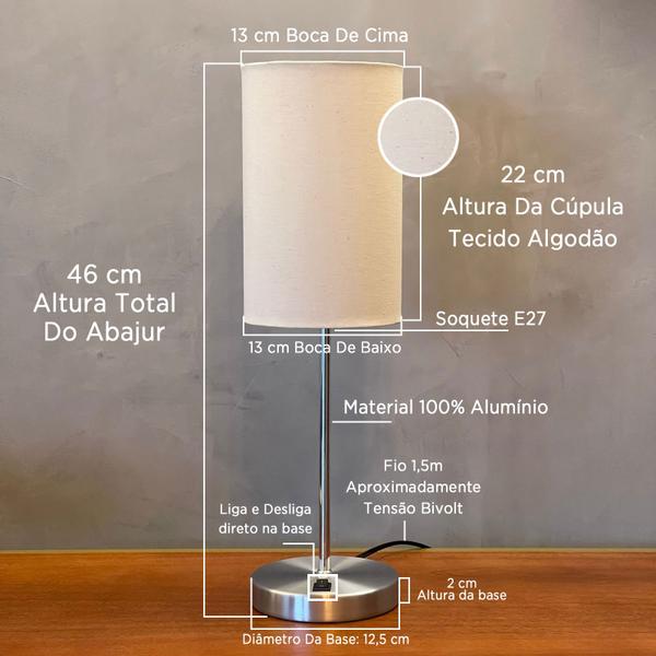 Imagem de Luminaria Abajur de Mesa Cabiceira Escovado C/ Interruptor On/off bivolt E27
