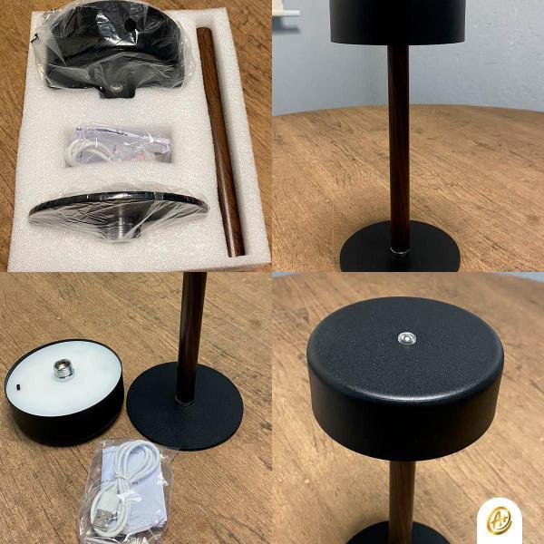 Imagem de Luminária Abajur De Mesa Preto Com Madeira Led Touch Com Usb