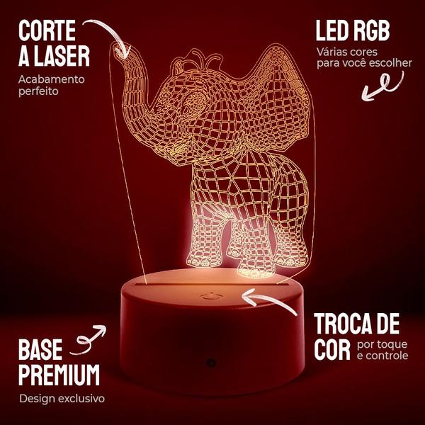 Imagem de Luminária Abajur Elefante 3D RGB Controle + Toque 