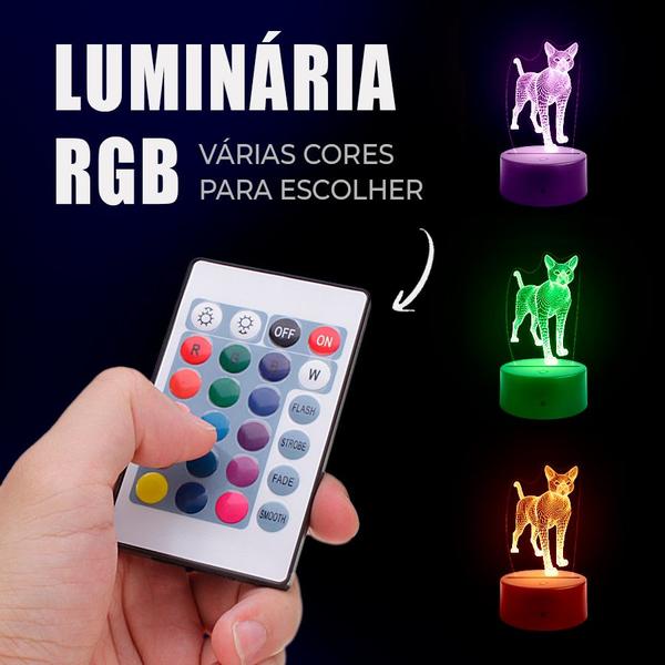 Imagem de Luminária Abajur Gato 3D RGB Controle + Toque 