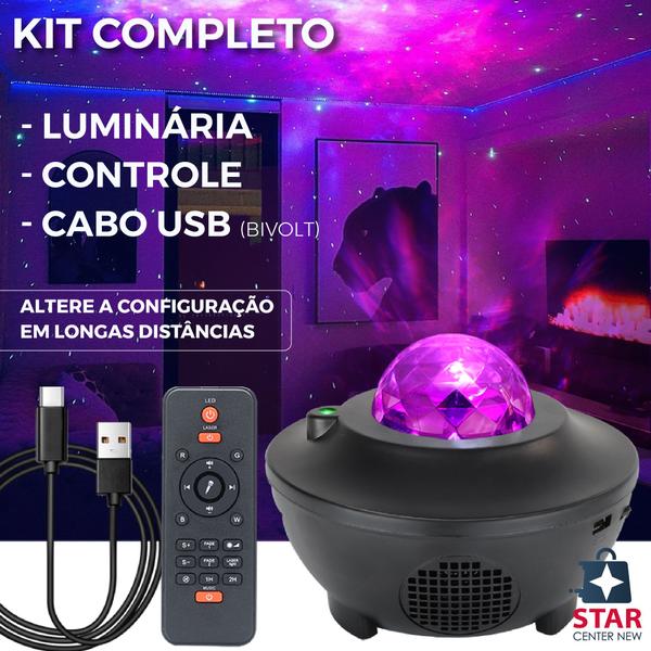 Imagem de Luminária Abajur Gira Projetor Estrelas Galaxia Musica Bluetooth Usb Luz Led