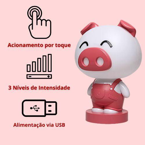 Imagem de Luminária Abajur Infantil Porquinho LED USB Botão de Toque Com Brilho Ajustável