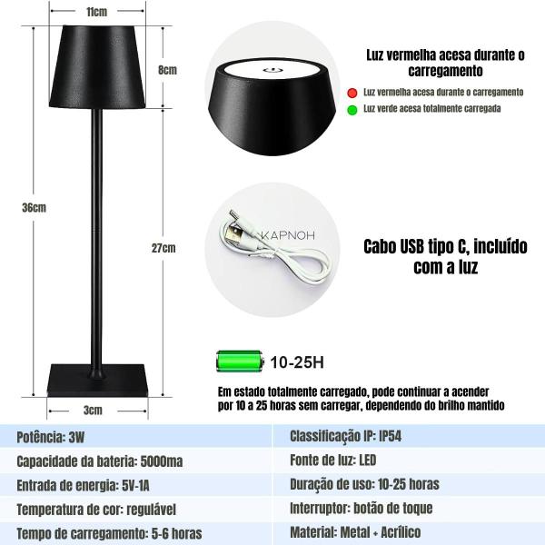 Imagem de Luminária Abajur Mesa Led Dimerizável S/ Fio Recarregável  