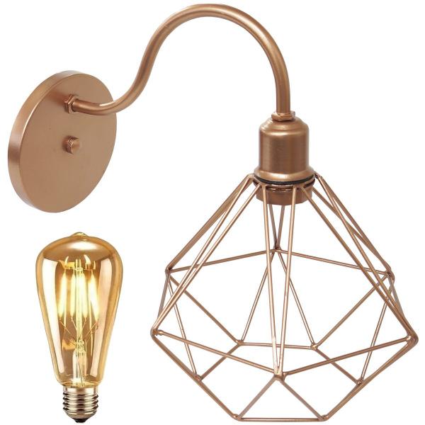 Imagem de Luminária Arandela Parede Aramada Diamante Industrial Retro + Lâmpada Led Vintage Cobre Rose Gold