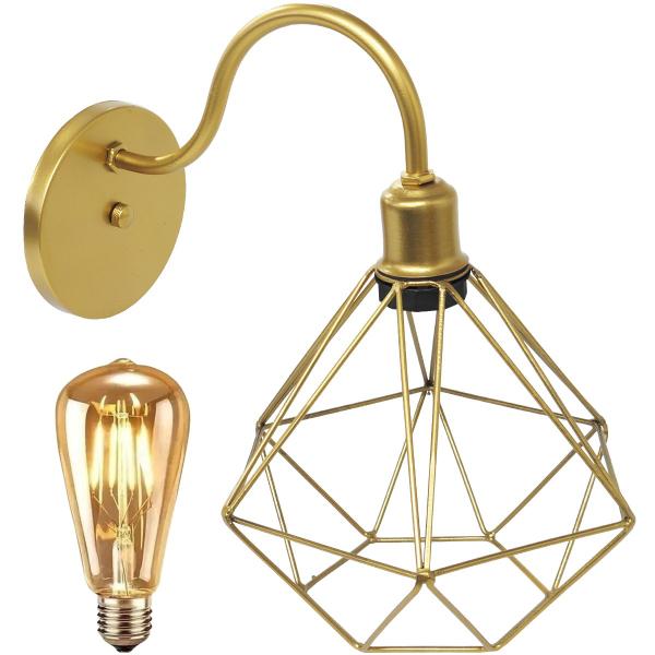 Imagem de Luminária Arandela Parede Aramada Diamante Industrial Retro + Lâmpada Led Vintage Dourado